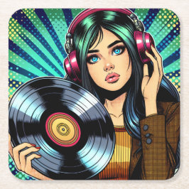 Cool Pop Art Seriesktil Flicka med Vinylalbum Underlägg Papper Kvadrat