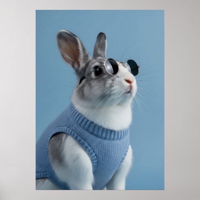 Cool Rabbit in Blue Sweater and Round Sunglasses Poster (Framsidan)