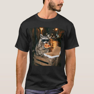 Cool Raccoon Eating Pizza Night City Illustration T Shirt