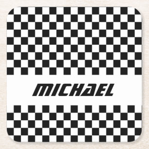 Cool Racing Svart och Vit Rutflagga Namn Underlägg Papper Kvadrat