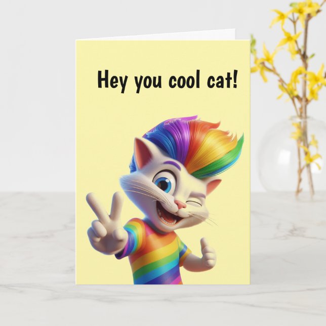 Cool Rainbow Cat Birthday Kort (Gul blomma)