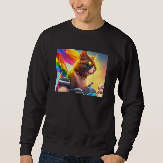 Cool Rainbow Cat LGBT Sunglasses Bisexual Funny Ki Lång Ärmad Tröja (Framsida)