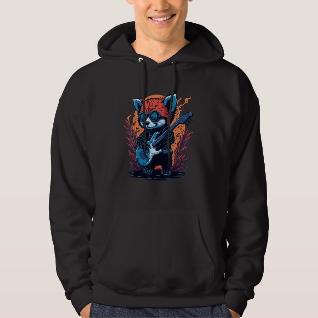 Cool Red Panda Playing Guitar Graphic Animal Enthu Hoodie (Framsida)