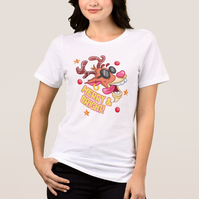 Cool Reindeer Merry Bright Holiday T Shirt (Framsida)