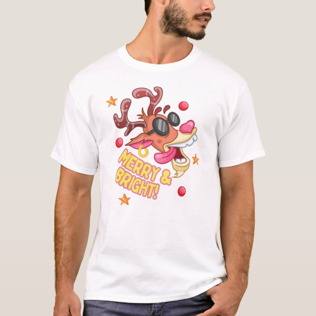 Cool Reindeer Merry Bright Holiday T Shirt (Framsida)