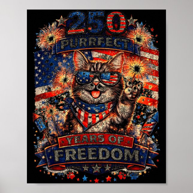 Cool Retro Cat 250 år patriotisk amerikan Poster (Framsidan)