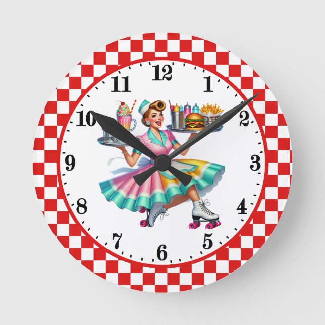 Cool Retro diner 50-tals servitris Rund Klocka (Framsida)
