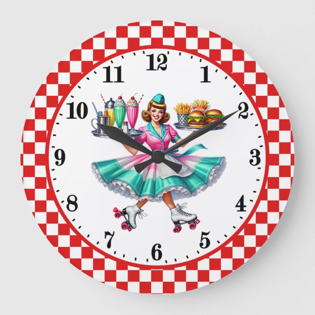 Cool Retro diner 50-tals servitris Stor Klocka (Framsida)