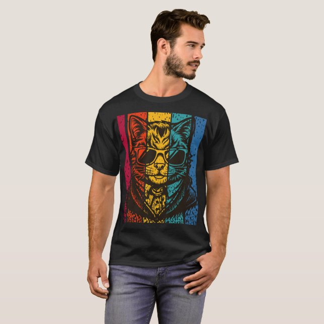 Cool Retro Katt med Solglasögon T Shirt (Hel framsida)
