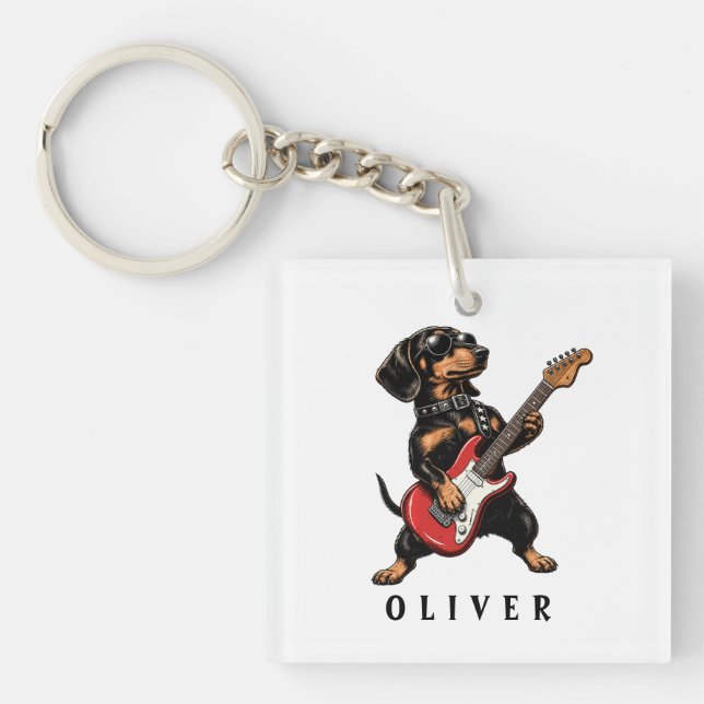 Cool Rocker Dachshund Hund Spelar Elgitarr (Framsidan)
