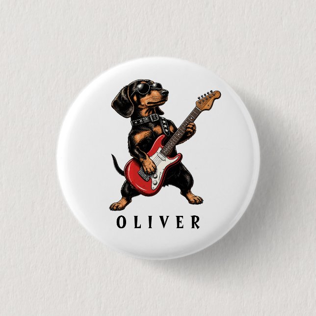 Cool Rocker Dachshund Hund Spelar Elgitarr Knapp (Framsida)