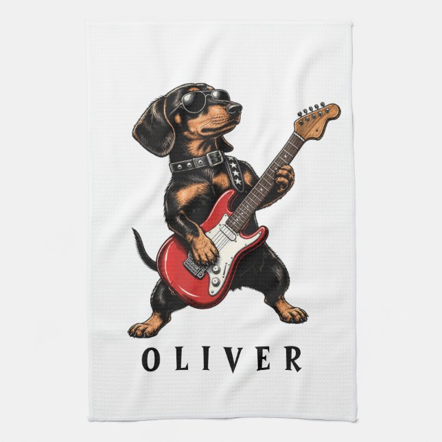 Cool Rocker Dachshund Hund Spelar Elgitarr Kökshandduk (Vertikal)