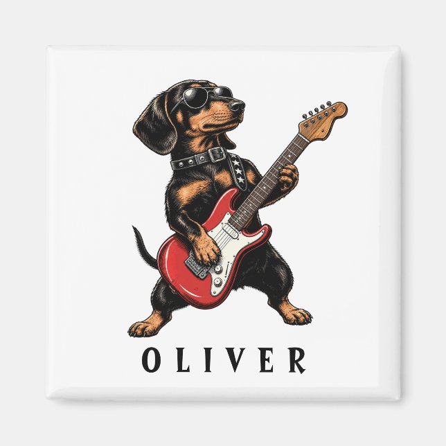 Cool Rocker Dachshund Hund Spelar Elgitarr Magnet (Framsidan)