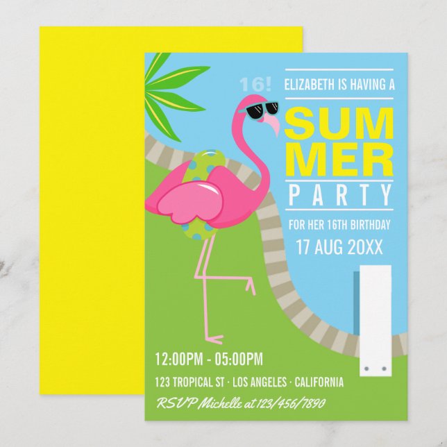 Cool Rosa Flamingo Sommar Pool Födelsedagsfest Inbjudningar (Fram/baksida)