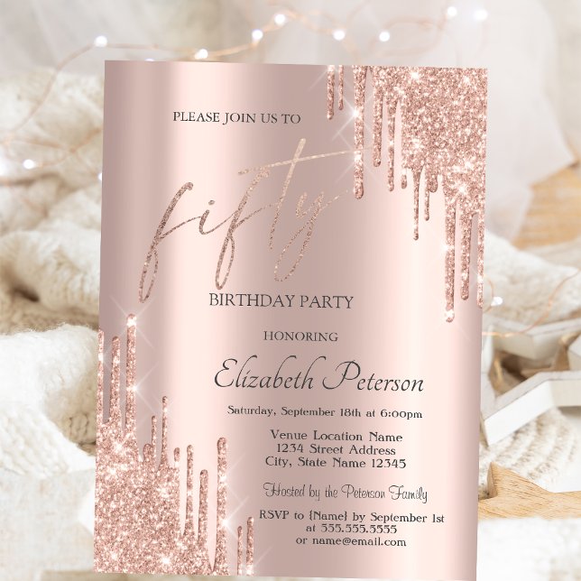 Cool Rose Gold Glitter Drips 50-års födelsedag  Inbjudningar (Skapare uppladdad)