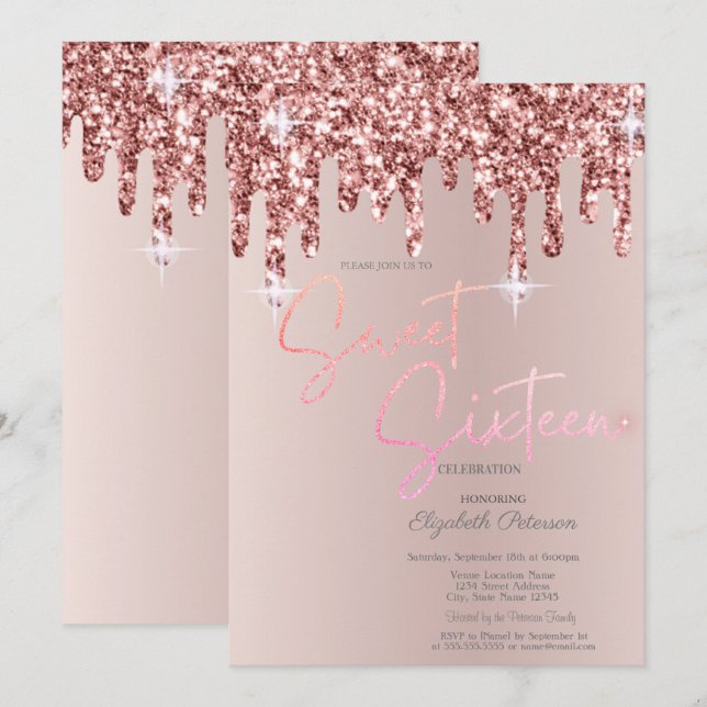Cool Rose Gold Glitter Drips Blush Pink Sweet 16  Inbjudningar (Fram/baksida)