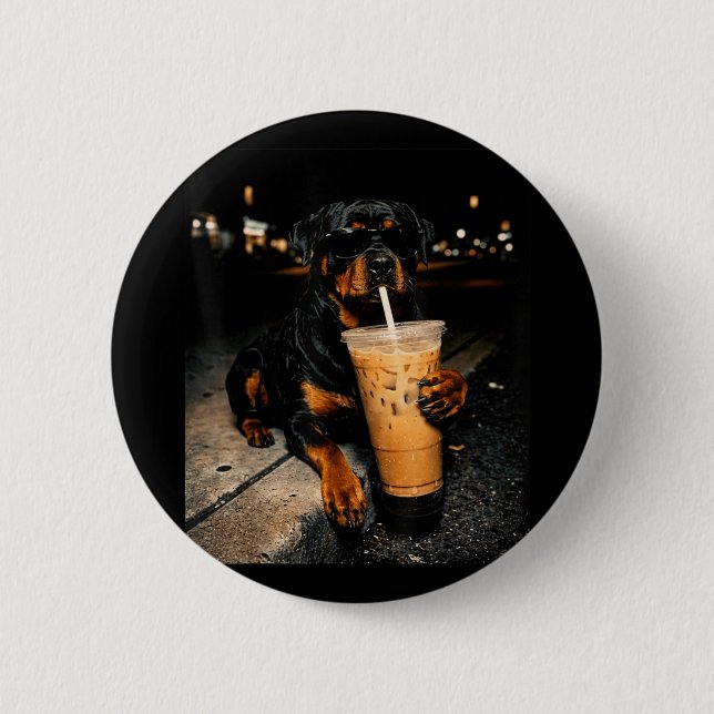 Cool Rottweiler Dricker Iced Coffee Rolig Hundkons Knapp (Framsida)