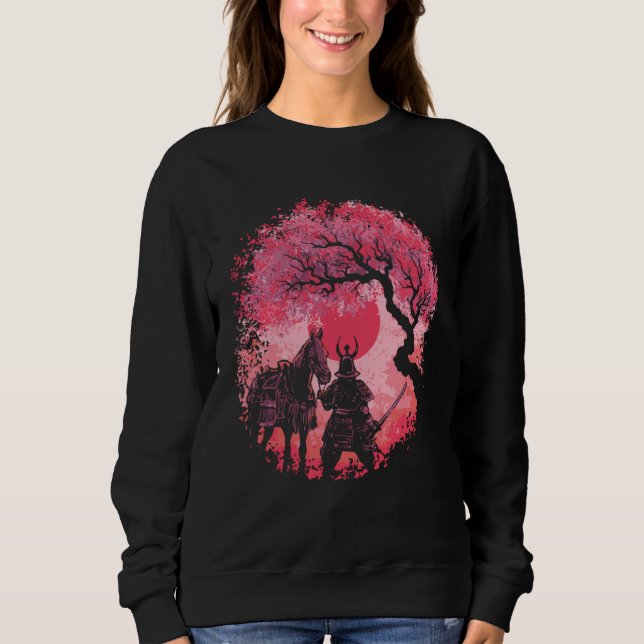 Cool Samurai Moon Cherry Blossom Tree T Shirt (Framsida)
