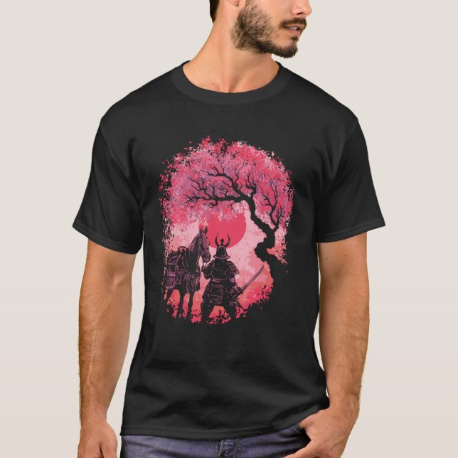 Cool Samurai Moon Cherry Blossom Tree T Shirt (Framsida)