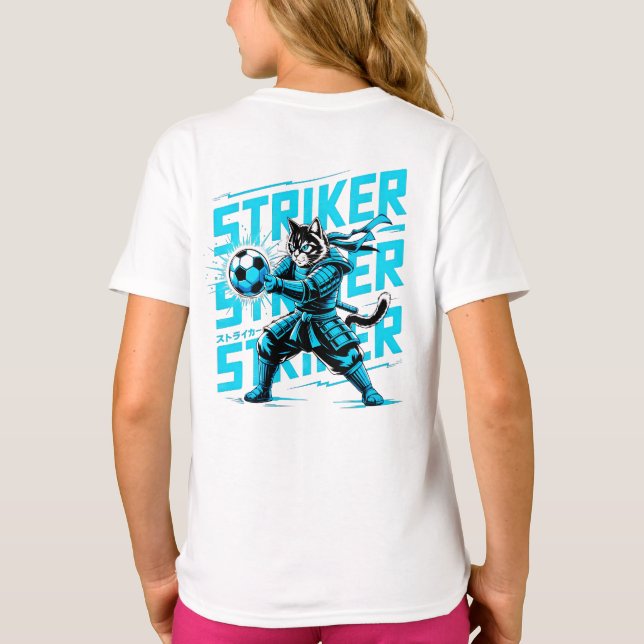 Cool Samuraj Katt Fotbolls Anfallare - Present til T Shirt (Baksida)