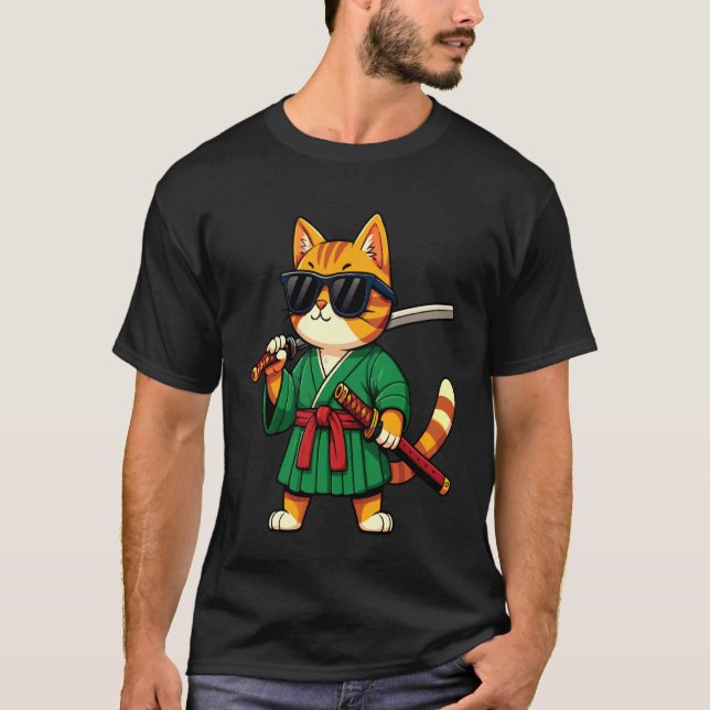 Cool Samuraj Katt med Svarta Solglasögon T Shirt (Framsida)