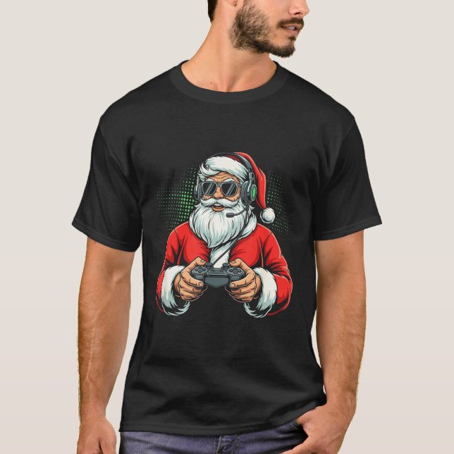 Cool Santa Playing Video Games Christmas Gamer Boy T Shirt (Framsida)