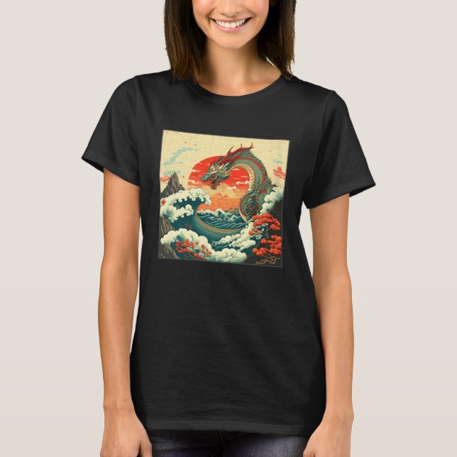 Cool Sea Dragon Illustration Ocean Waves Sunset Wo T Shirt (Framsida)