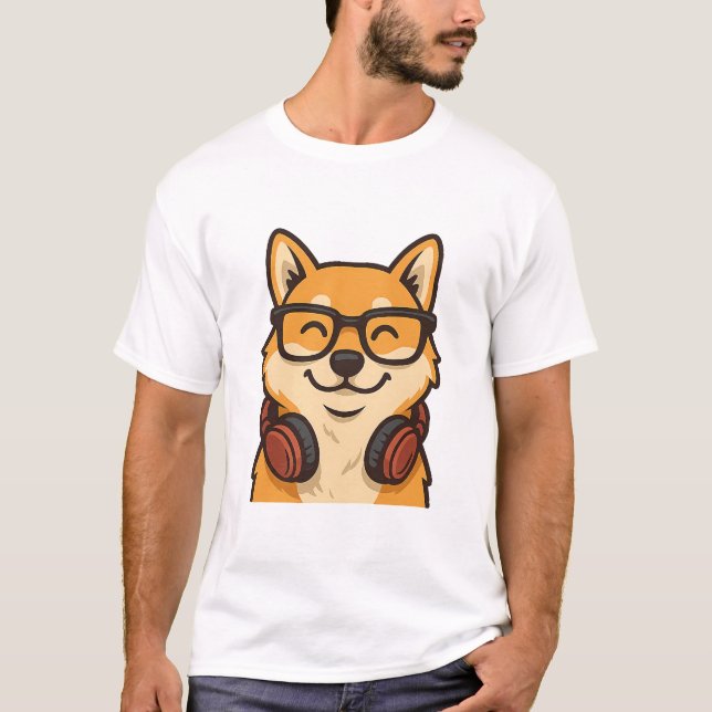 Cool Shiba Inu with Glasses & Headphones — Fun Dog T Shirt (Framsida)