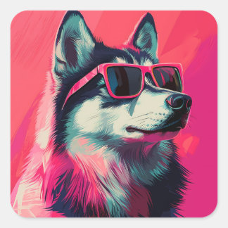 Cool Siberian Husky dog with sunglasses Fyrkantigt Klistermärke