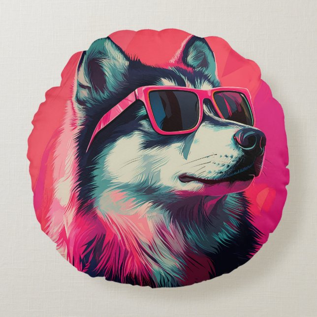 Cool Siberian Husky dog with sunglasses Rund Kudde (Framsidan)