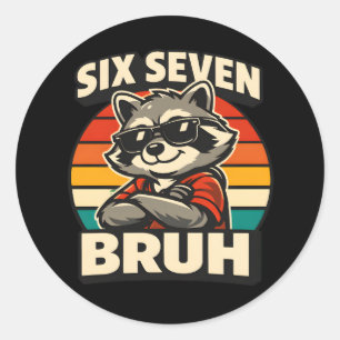 Cool Six Seven Bruh Tvättbjörn Sarksatisk Retro Dj Runt Klistermärke