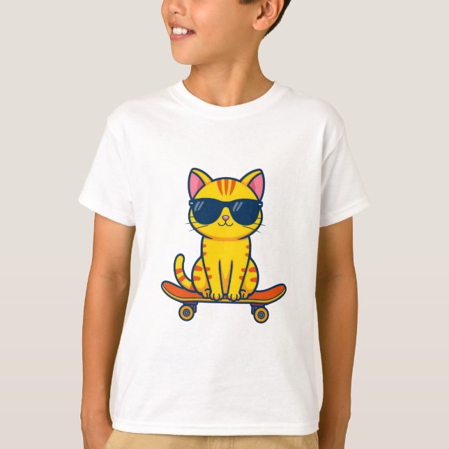 Cool Skateboarding Cat Kids T-Shirt – Fun Cartoon  (Framsida)