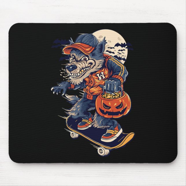 Cool Skateboarding Wolf Carrying A Halloween Pumpk Musmatta (Framsidan)