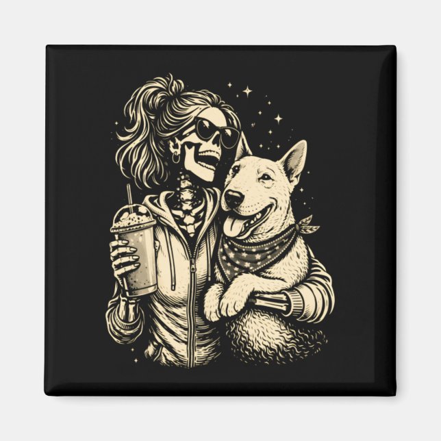 Cool Skeletonflicka Med Hund - Gotisk Husdjursälsk Magnet (Framsidan)