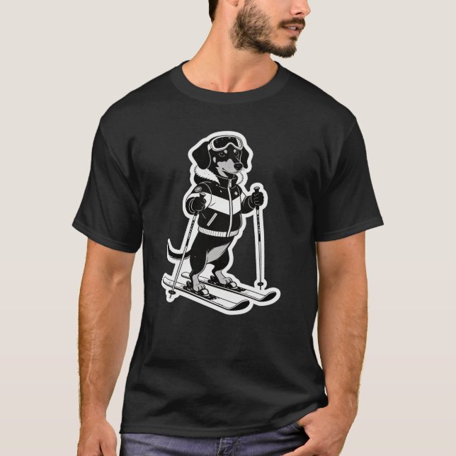Cool Ski Dog Black and White Cartoon T Shirt (Framsida)