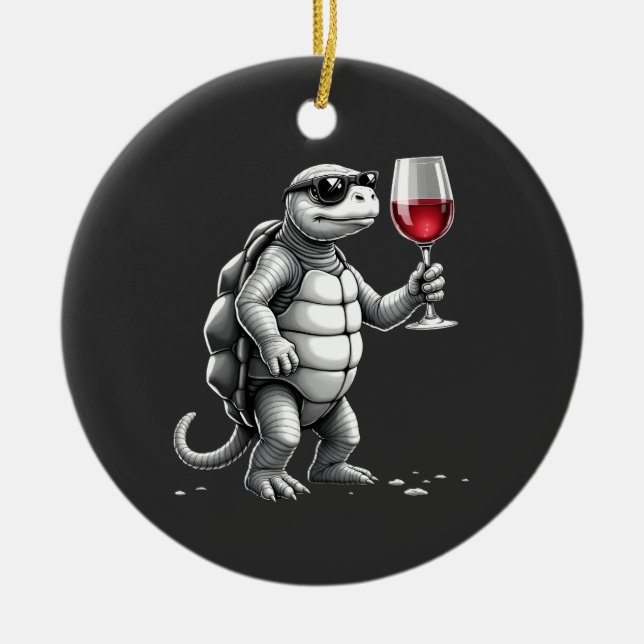cool sköldpadda som dricker rött vin konsttryck_1  julgransprydnad keramik (Framsidan)