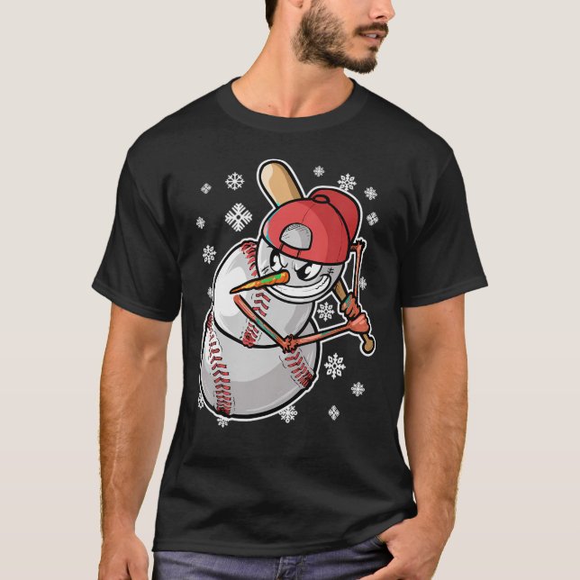 Cool Snowman Baseball Player Baseball Bat Christma T Shirt (Framsida)
