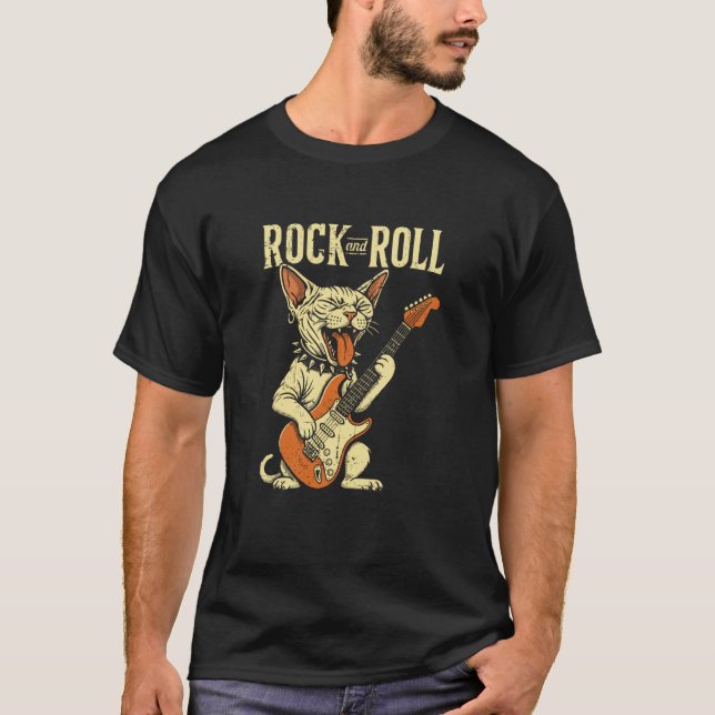 Cool Sphynx Katt Spelar Gitarr Rolig Rockmusik Fe T Shirt (Framsida)