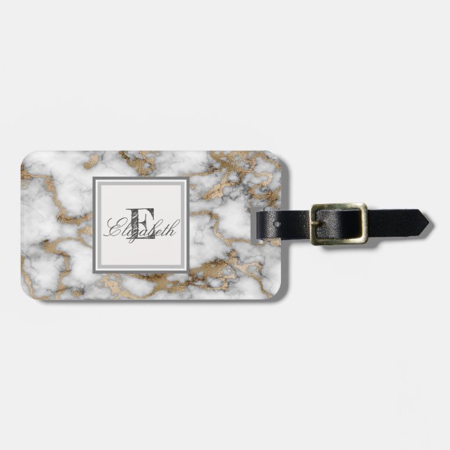 Cool Stone Vit Guld Marmorstruktur, Monogram Bagagebricka (Horisontell Framsida)