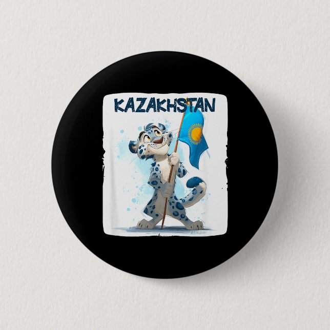 Cool Stor Vildkatt med Kazakstans Flagga Kostym Knapp (Framsida)