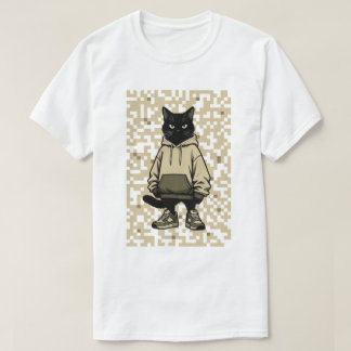 Cool Streetwear Black Cat in Hoodie: Pixelated Urb T Shirt