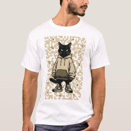 Cool Streetwear Black Cat in Hoodie: Pixelated Urb T Shirt