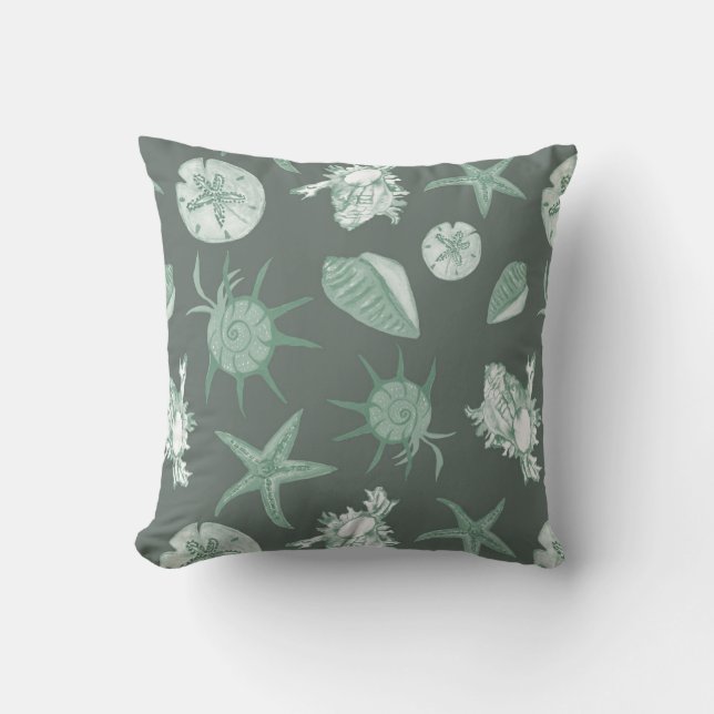 Cool Summer green seashells on medium green Kudde (Framsida)