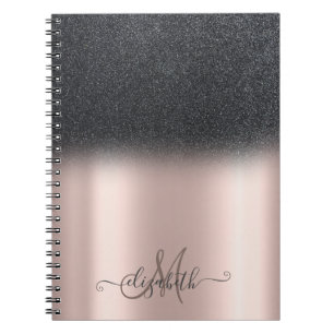 Cool Svart Glitter Ombre Monogram Roseguld Anteckningsbok