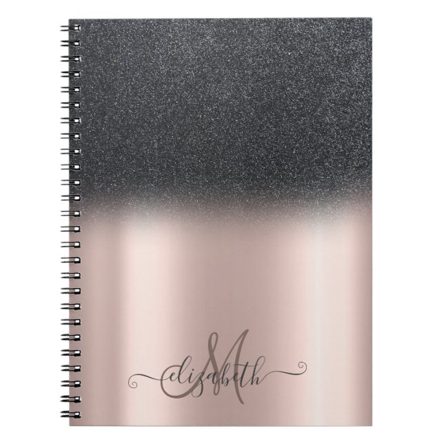Cool Svart Glitter Ombre Monogram Roseguld Anteckningsbok (Framsidan)