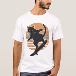 Cool Svart Katt Skateboardåkare Retro 80-tals Soln T Shirt