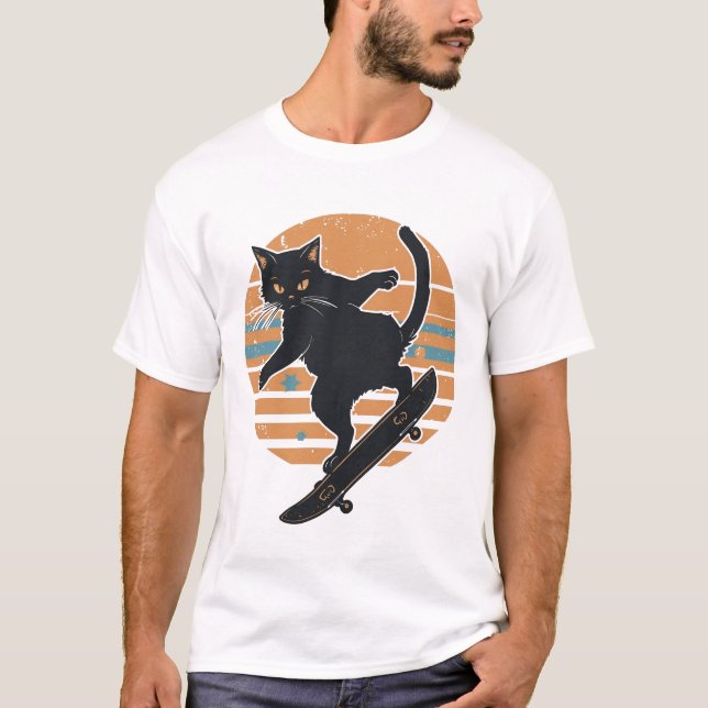 Cool Svart Katt Skateboardåkare Retro 80-tals Soln T Shirt (Framsida)