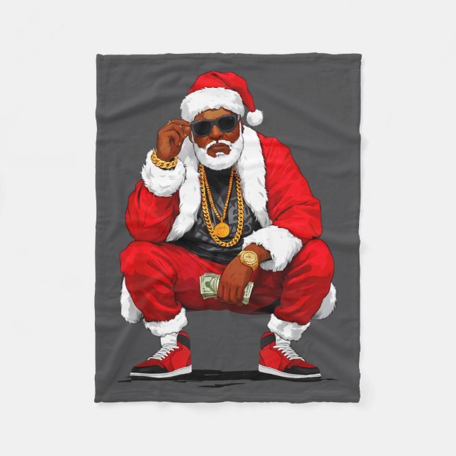 Cool Svart Man Santa Klaus Jul Afrikan Ameri Fleecefilt (Framsidan)
