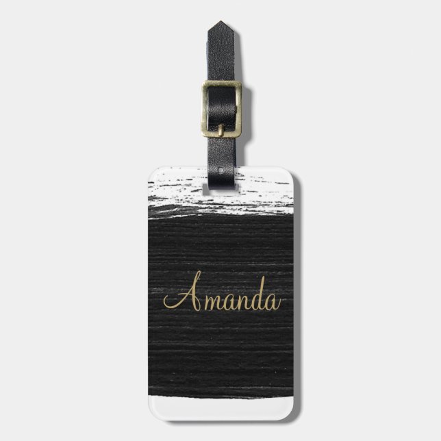 Cool svart vit akvarellpenseldrag monogram bagagebricka (Vertikal Framsida)