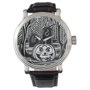 Cool Svart Vit Halloween Pumpa Kyrkogård Konst Armbandsur